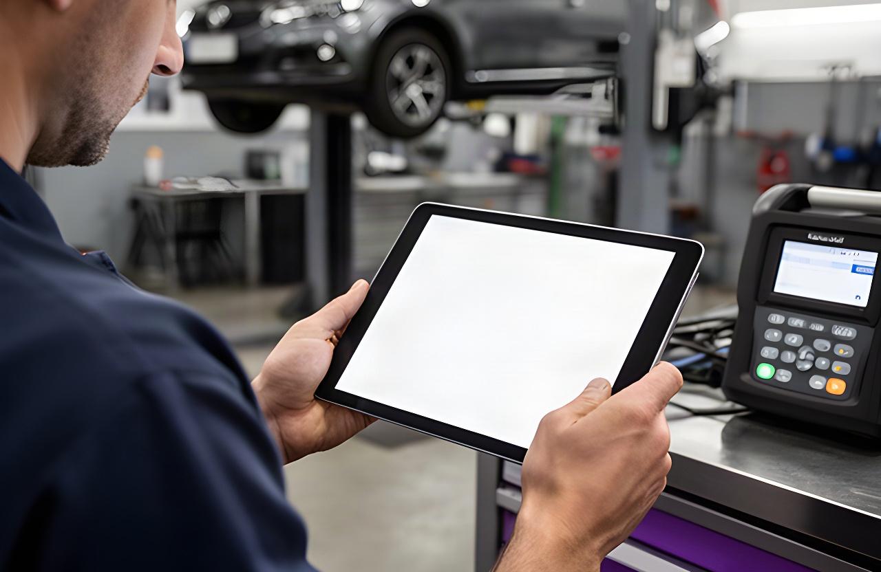 Close view of a technician checking a repair order on a tablet inside an automotive workshop