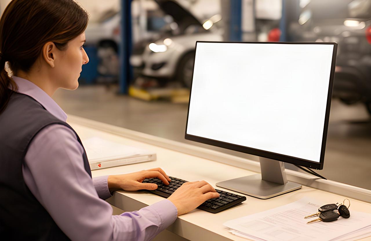 Customer entering vehicle information into an appointment form at an automotive service desk