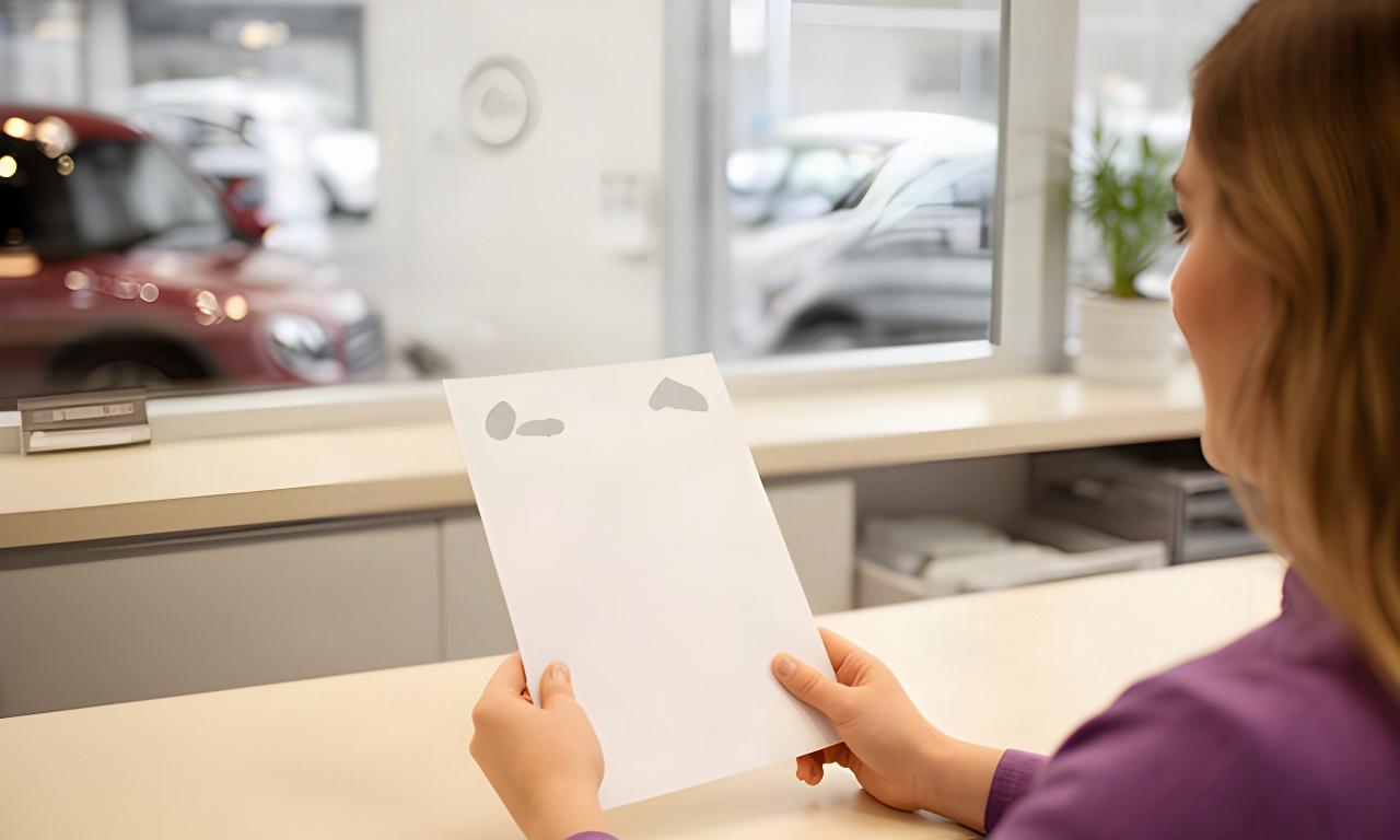 Customer reading a privacy notice at a reception desk in a Montreal automotive garage