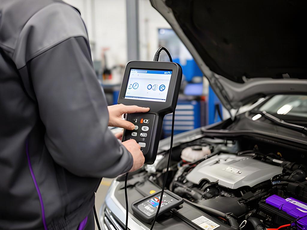 Automotive technician using a diagnostic scanner beside a vehicle in a service bay