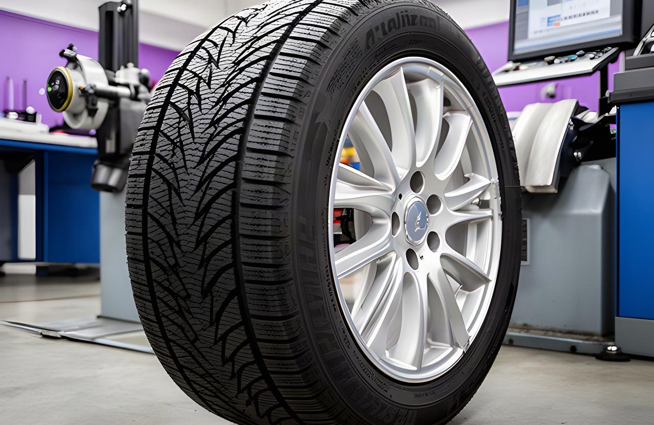 Close-up of a treaded tire and alloy wheel prepared for balancing in a service shop