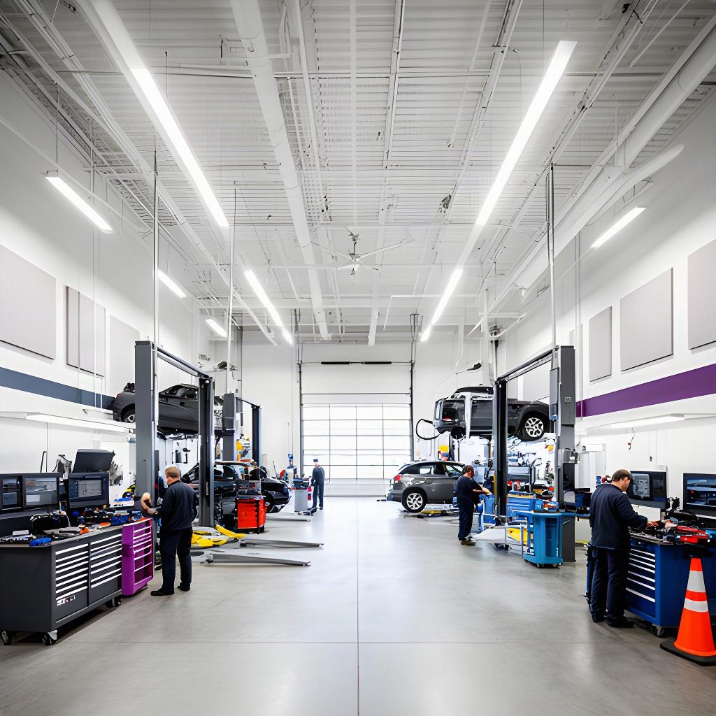 Bright Montreal auto repair workshop with service lifts, tools, and technicians working on vehicles