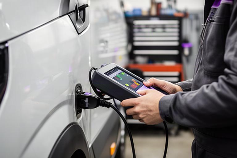 Automotive technician connecting a diagnostic scan tool to a commercial van in a service bay