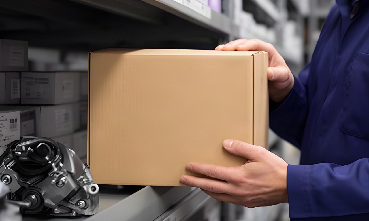 Automotive parts specialist checking a boxed replacement component on a workshop shelf