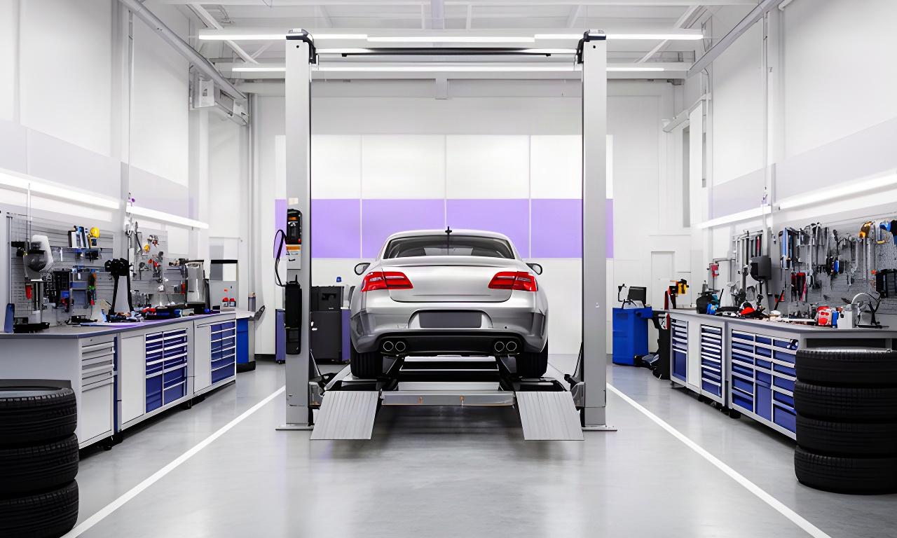 Detailed view of a clean automotive workshop with a vehicle service lift and organized tools