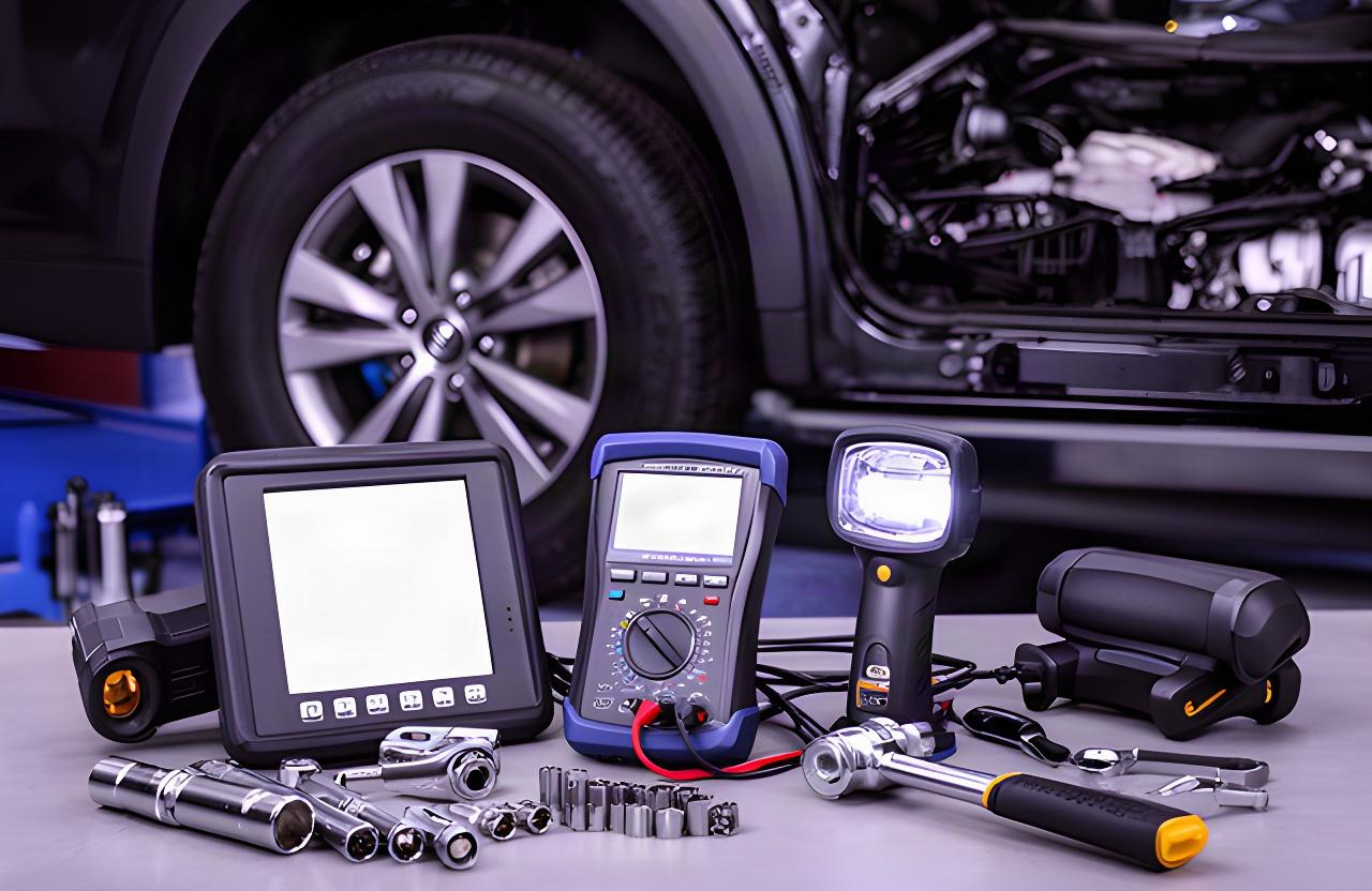 Diagnostic tools and inspection equipment arranged beside a vehicle in an automotive workshop