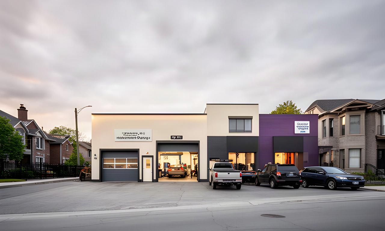 Exterior of a neighbourhood automotive repair workshop in Montreal, Quebec