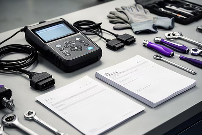 Diagnostic equipment and maintenance documents arranged on a workshop counter for fleet service planning