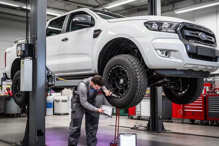 Commercial pickup truck undergoing a detailed safety inspection on a vehicle lift