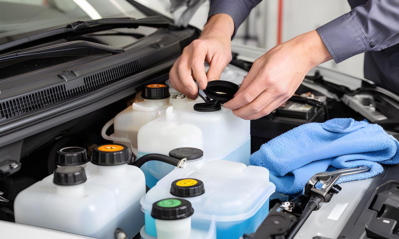 Mechanic checking vehicle fluids and windshield washer reservoir during a seasonal inspection