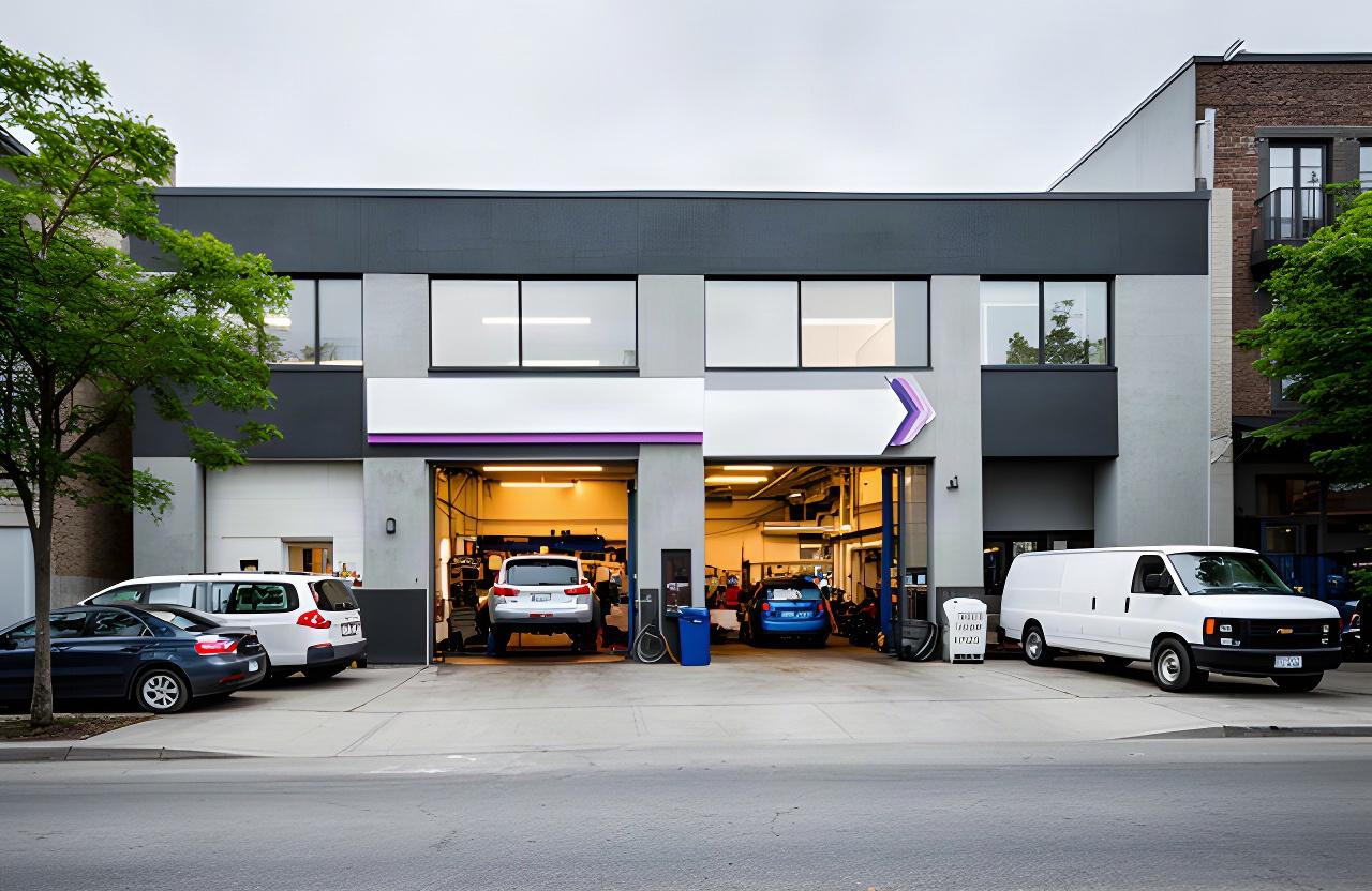 Exterior of an automotive repair shop on Rue Buchan in Montreal with service vehicles outside