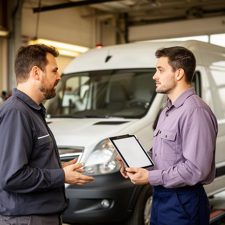 Fleet manager speaking with an automotive technician beside a serviced cargo van
