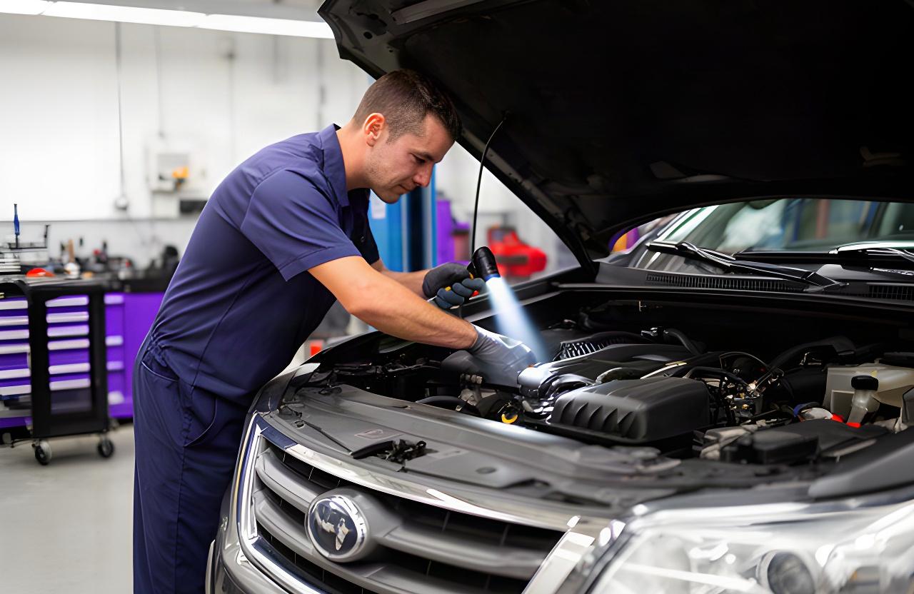 Technician performing a safety check under the hood of a passenger vehicle in a service bay