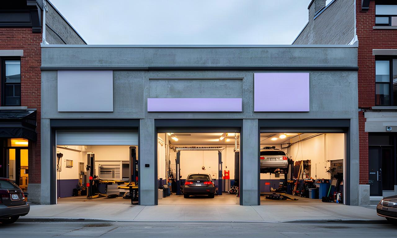 Street view of an independent automotive repair garage on Rue Buchan in Montreal