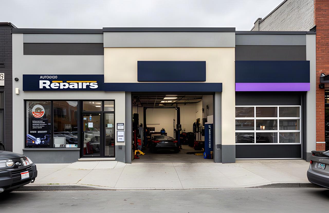 Street-facing entrance of an automotive repair shop on Rue Buchan in Montreal