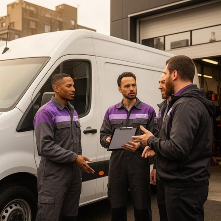 Automotive service team discussing a commercial vehicle repair plan beside a van in Montreal