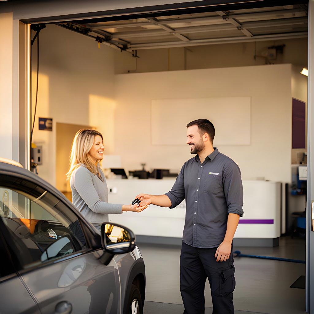 Customer collecting a serviced vehicle from a welcoming Montreal automotive workshop