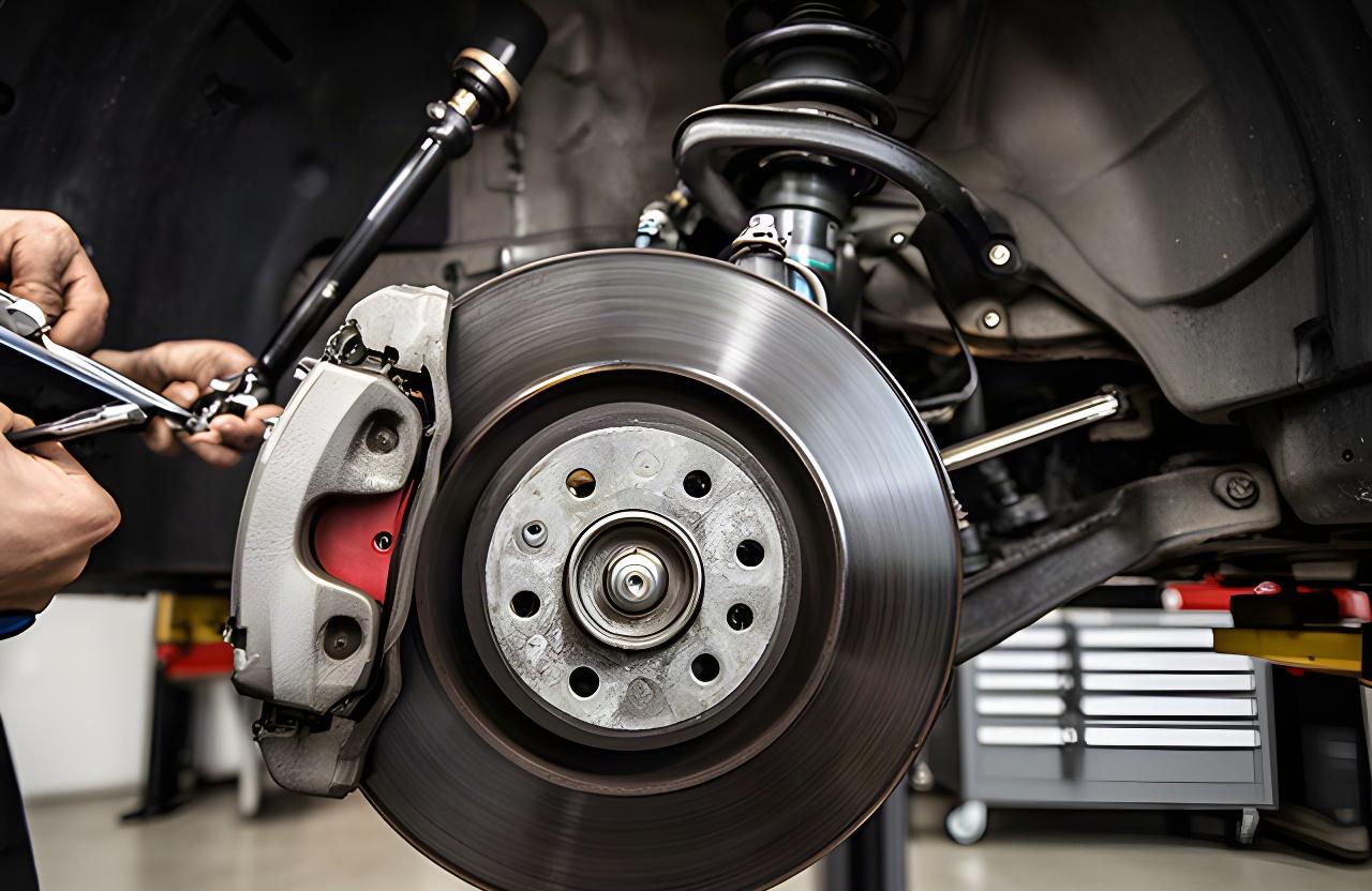 Close view of brake rotor and suspension components during a workshop inspection