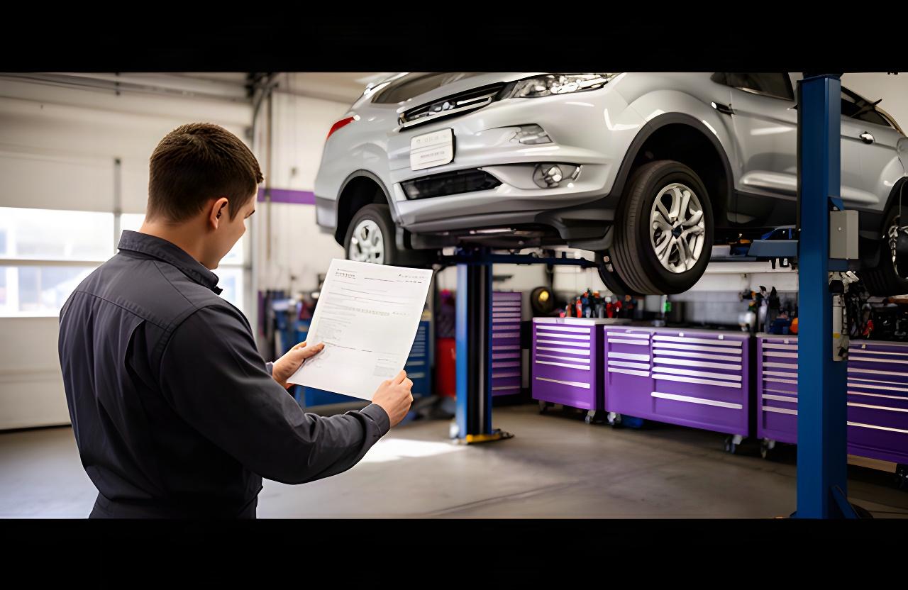 Mechanic reviewing a vehicle service document beside a lifted car in a Montreal garage
