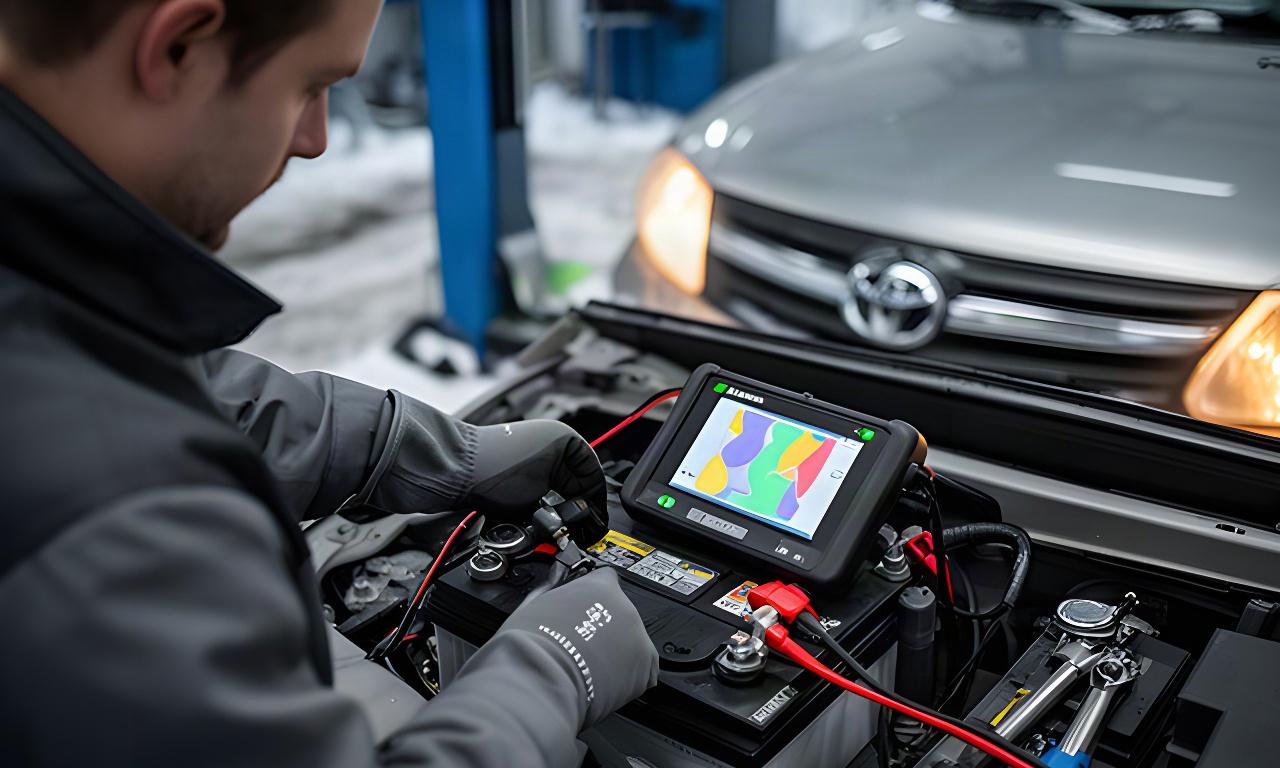 Automotive technician testing a car battery with diagnostic equipment in a service bay