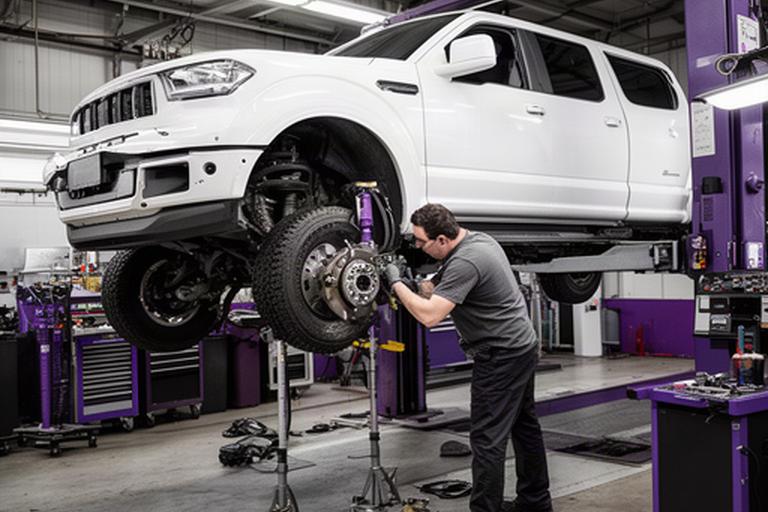Pickup truck fleet vehicle receiving brake and suspension service inside an automotive workshop