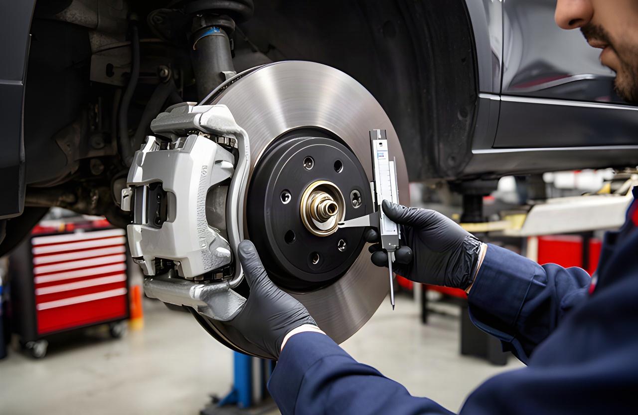 Automotive technician measuring brake components on a raised vehicle in a service bay