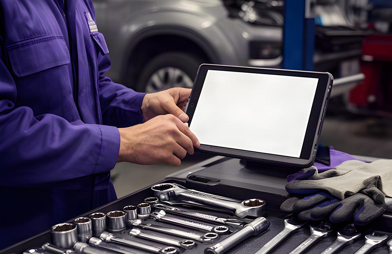 Close view of a mechanic checking a digital service calendar beside vehicle tools