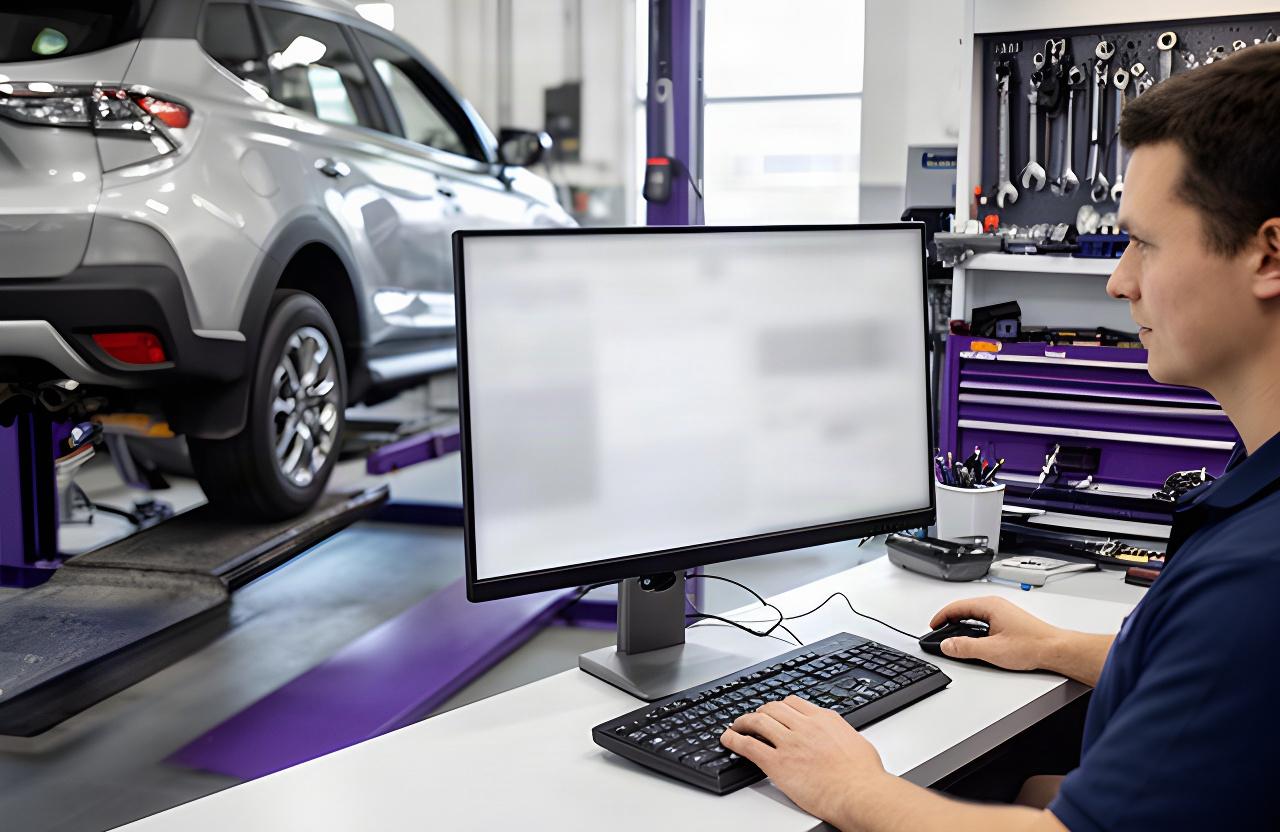 Automotive service advisor entering a customer appointment on a computer near a vehicle lift
