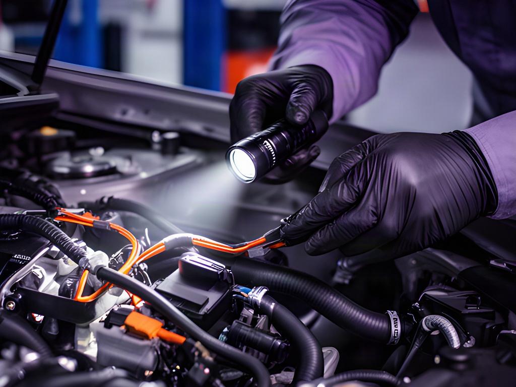 Close view of a technician inspecting vehicle components during a diagnostic appointment