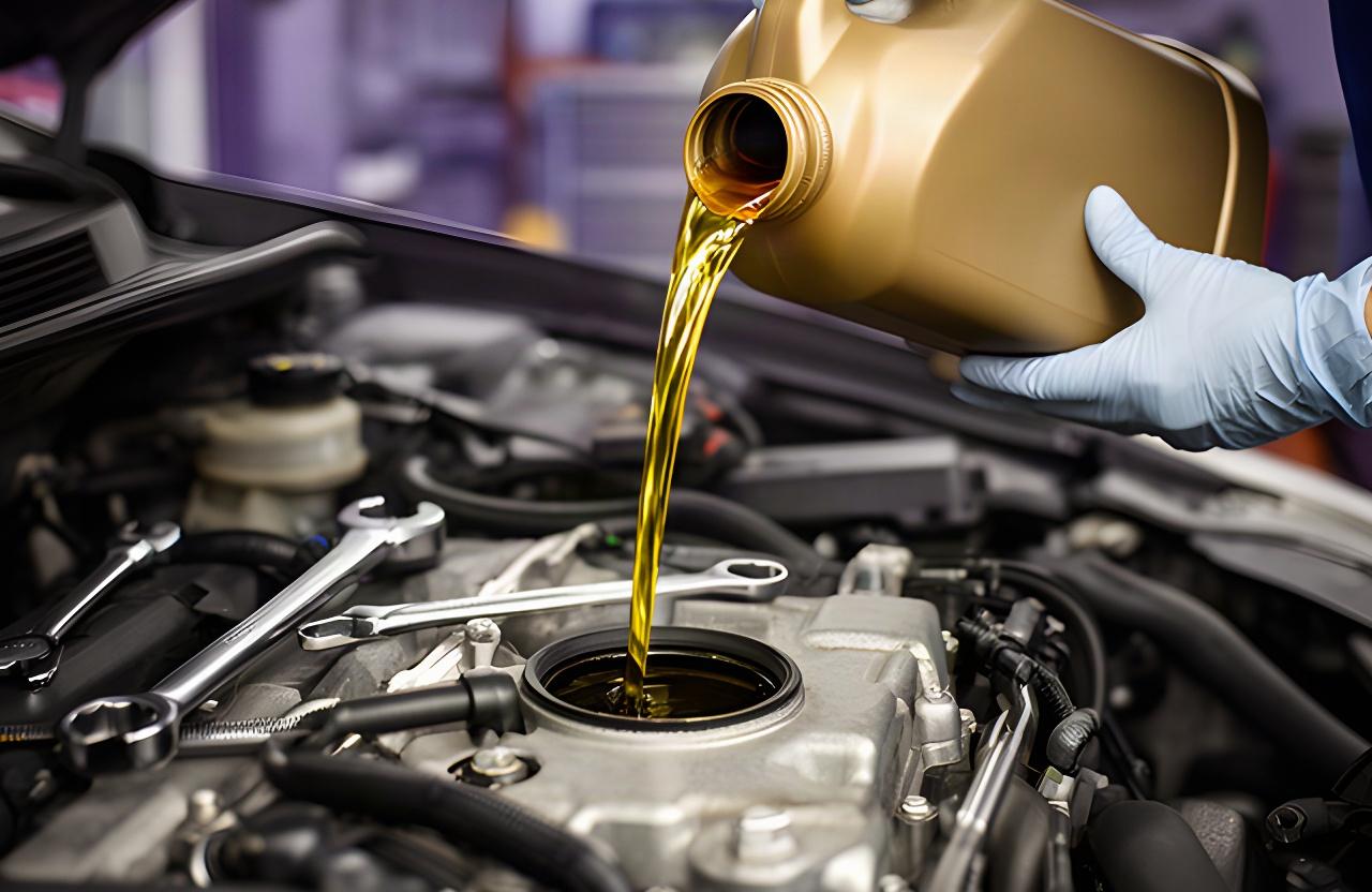 Fresh engine oil being poured during a scheduled vehicle maintenance service