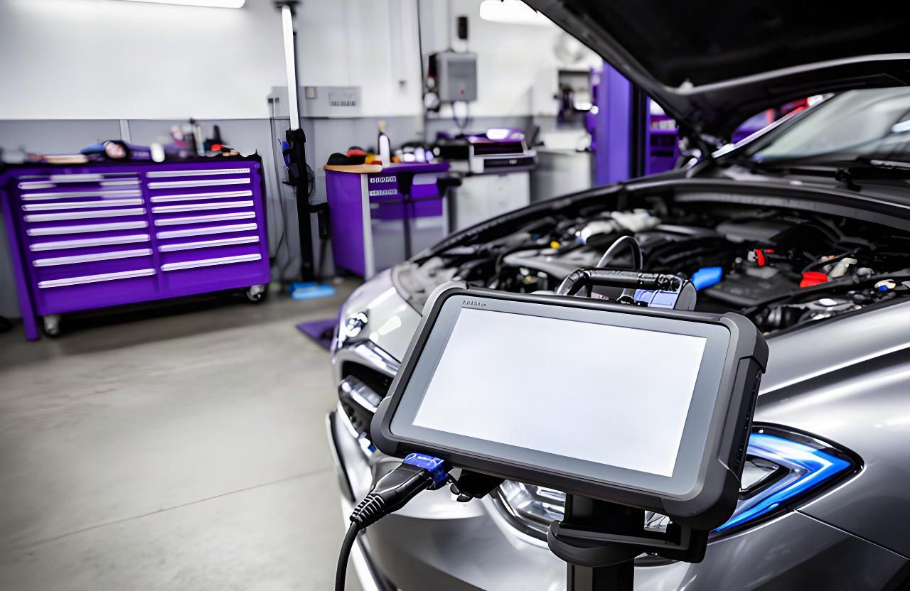 Diagnostic scanner connected to a vehicle in a tidy automotive repair bay